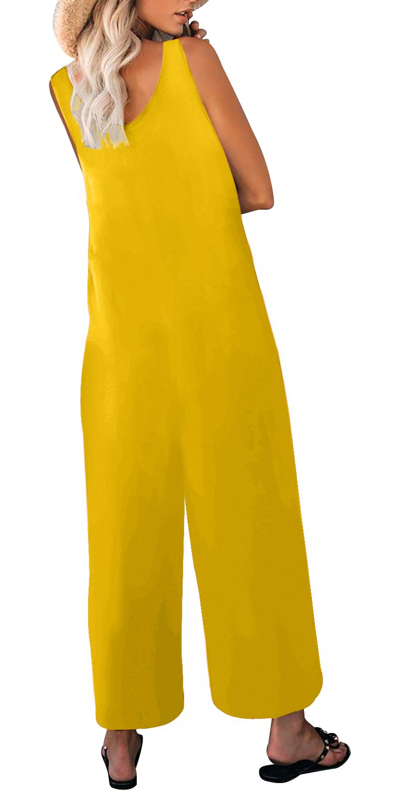 Nfsion Women's Summer Casual Loose Tank Jumpsuit Sleeveless Crewneck Long Pants Jumpsuit Romper with Pockets Large Yellow