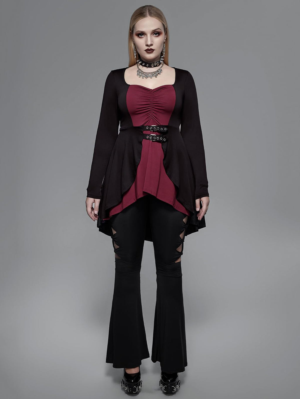 ROSE GAL Womens Plus Size Gothic Lace-up Back Two Tone Ruched Grommets Buckle Long Sleeve High Low Hem Tunic T-Shirt(Red_1/1X)