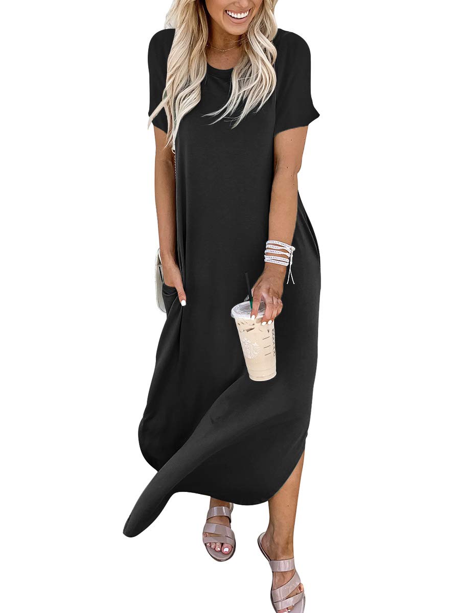 ANRABESS Womens Summer Maxi Dress Short Sleeve Casual Loose Long T Shirt Dresses Split Vacation Beach Sundress Travel Outfits Black Large