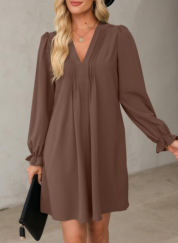 Dokotoo Womens Spring Dress V Neck Sexy Elegant Plus Size Shirt Dresses Long Puff Sleeve Fall Dresses Classy Brown Midi Dress for Beach Party Work Outfit Large