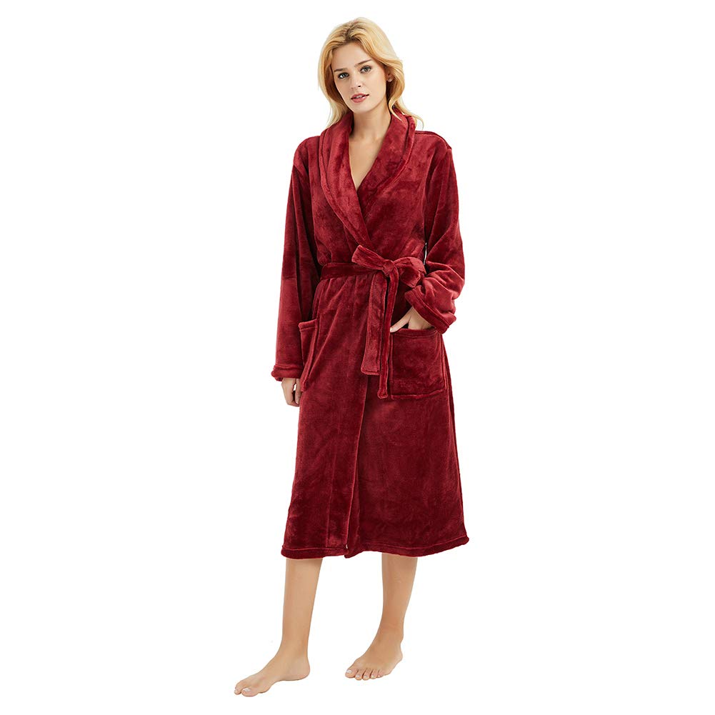 HEARTNICE Womens Fleece Robes, Soft Plush Long Bathrobe, Thick Kimono Robes for Womens, Warm House Coat (Wine, S/M)