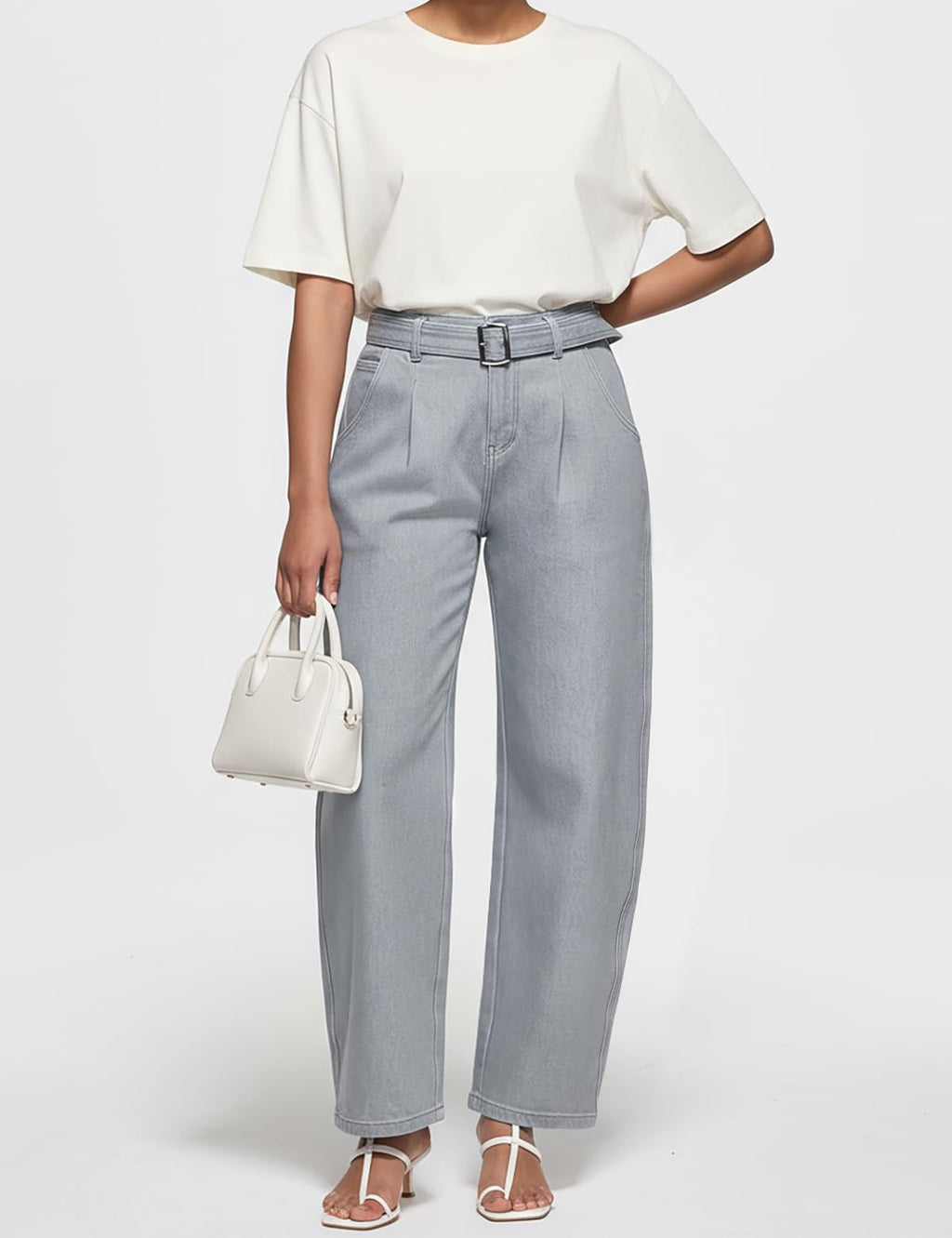 ZPIUO Barrel Jeans for Women - High Waisted Baggy Wide Leg Stretchy Denim Pants with Detachable Belt - Grey Size 8
