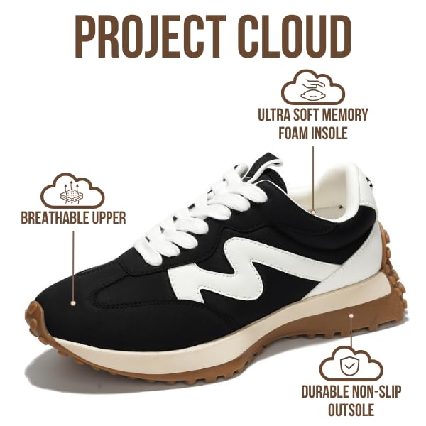 Project Cloud Trendy Sneakers for Women - Memory Foam and Non-Slip Comfortable Casual Ladies Shoes for Womens Fashion Sneakers - Lightweight Lace-up Shoes (LECCO, BLK, 8)