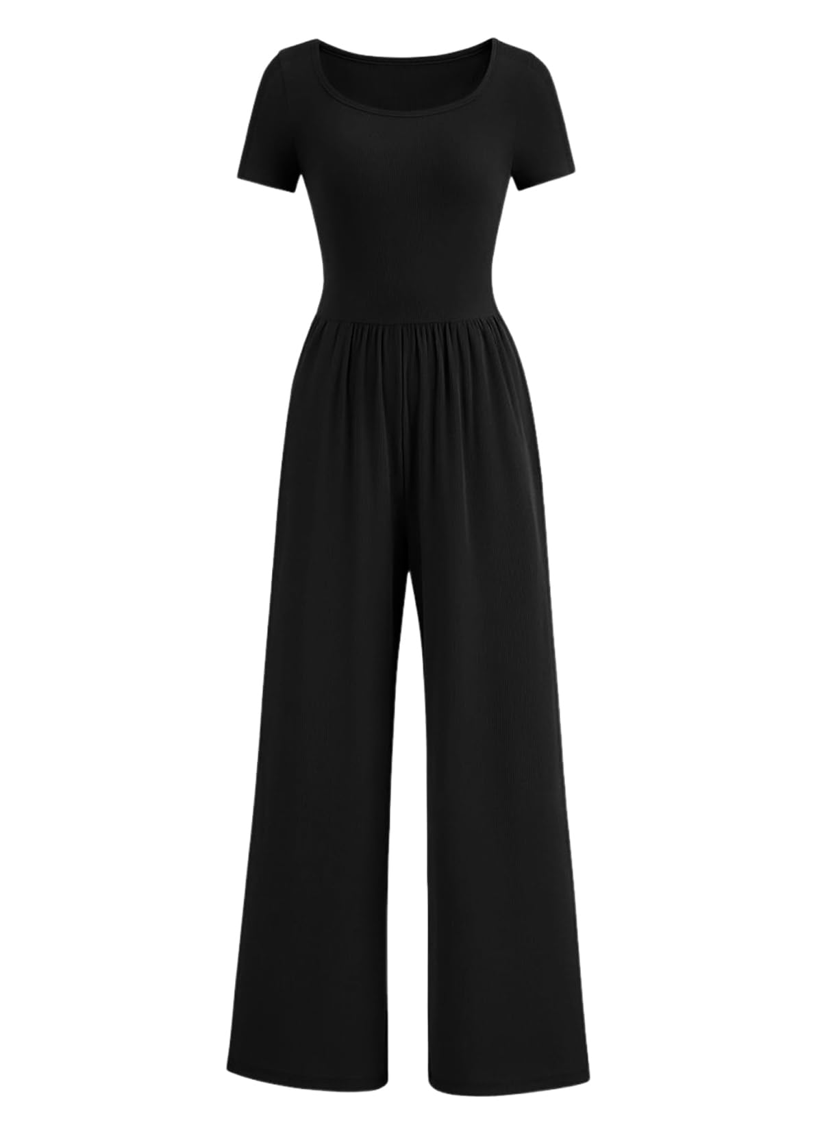Acelitt One Piece Jumpsuits for Women Dressy Casual Short Sleeve Squared Neck Wide Leg Rompers Jumpers with Pockets Vacation Summer Outfits Black 2X-Large