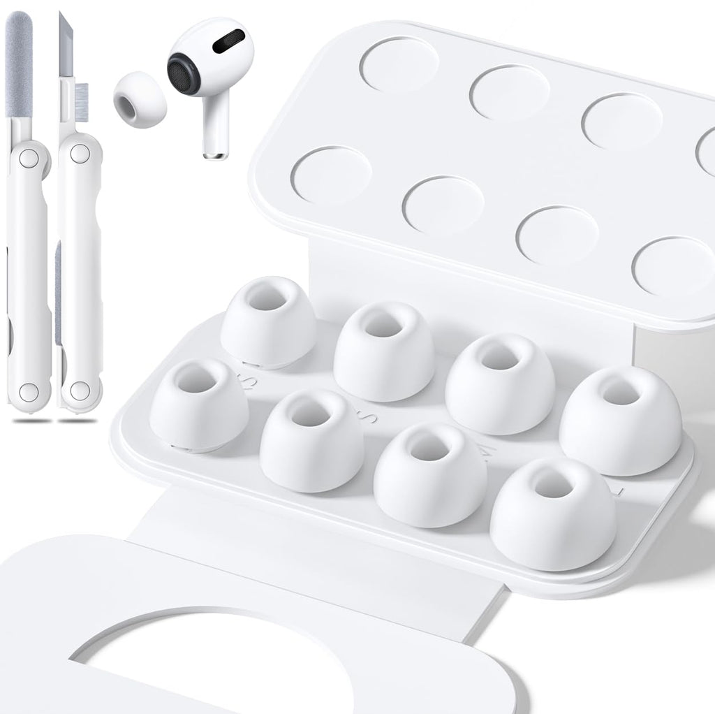 4 Pairs Replacement Ear Tips for AirPods Pro 2nd/1st Generation with Portable Storage Box & Cleaner Pen,Noise Reduction Holewith & Built-in dust Guard Screen,Silicone Ear Tips for AirPods Pro (White)
