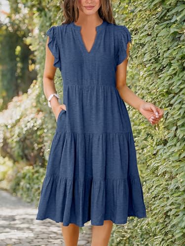 ANRABESS Womens Summer Dress Ruffle Sleeve V Neck Midi Dresses Fashion Casual Fit Flowy Tiered Boho Beach Vacation Sundress Blue-S