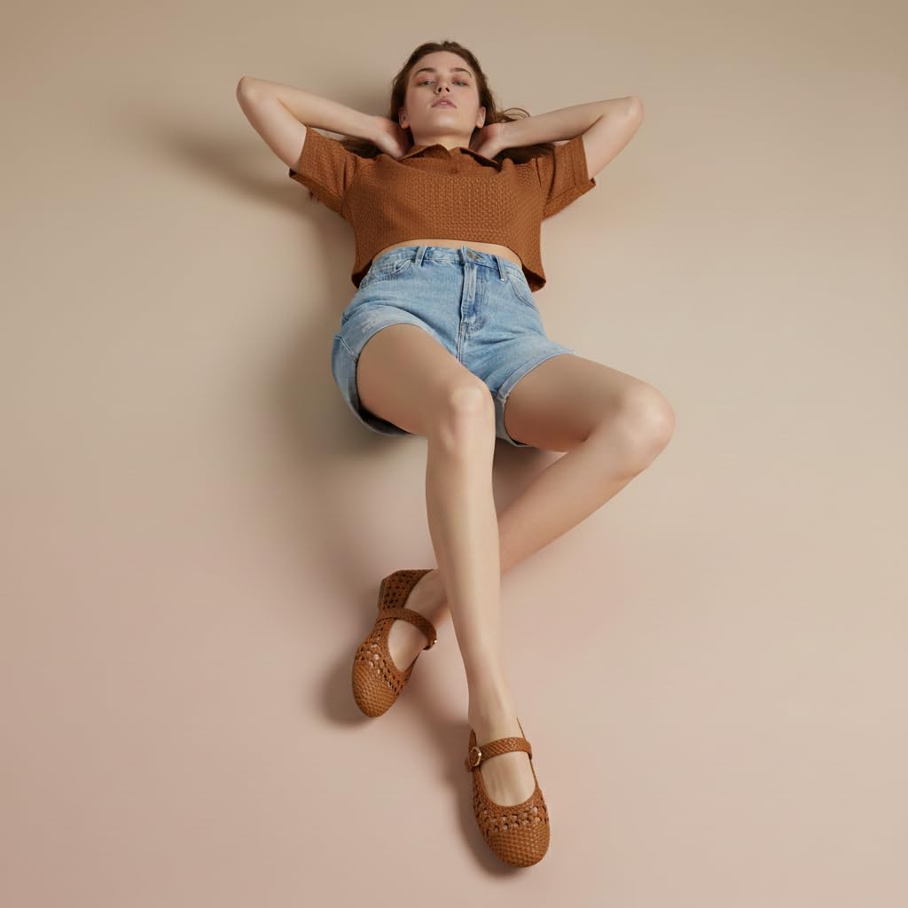 CUSHIONAIRE Windsor Woven Womens Flats with Adjustable Strap – Comfortable Mary Jane Ballet Flats for Women, Cognac 6