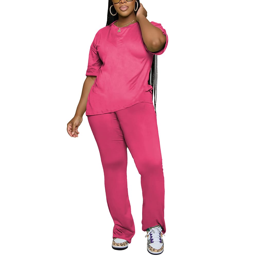PINSV Womens Sets 2 Piece Outfits Casual Short Sleeve Top and Flare Pants Lounge Sets Tracksuit Rose Red M