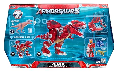 Armorsaurs Armor-Up T-Rex Dinosaur Ajax Toy Figure with 7 Removable Armor Pieces, Tail-Triggered Chomp, Pilot Pod Compatible, 8.7" Hx17.9 L, Kids, Boys, Girls, Ages 6+
