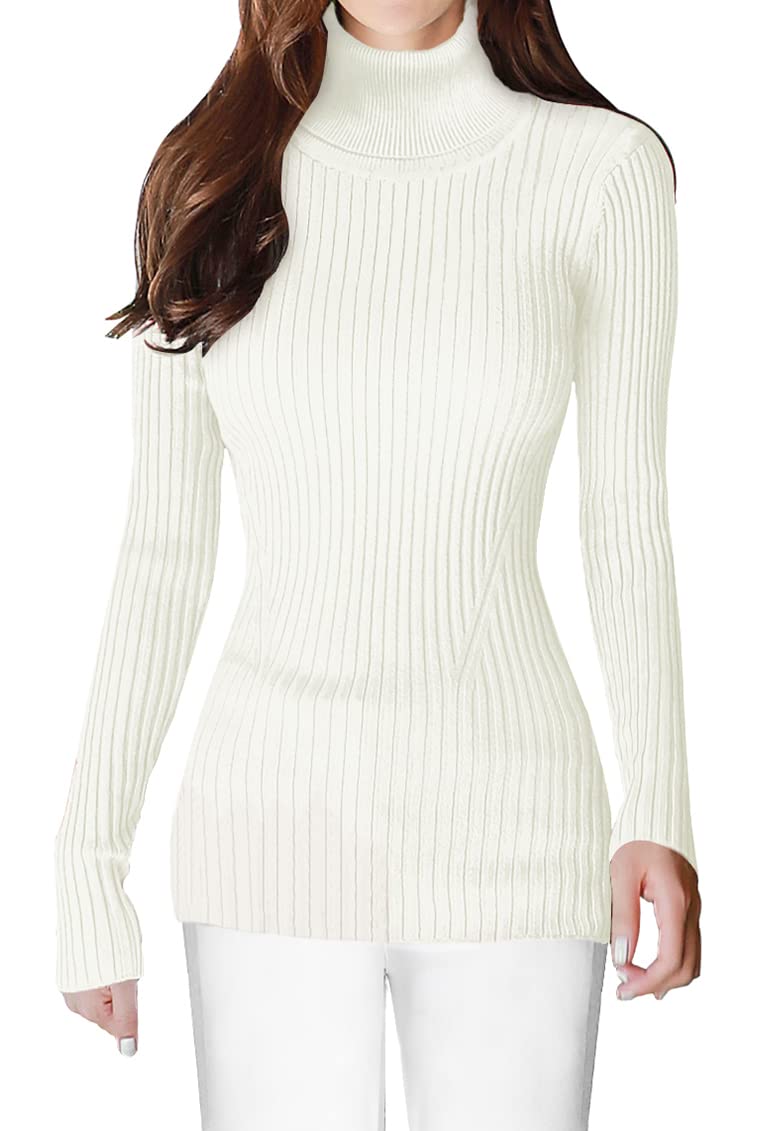 v28 Women Stretchable Turtleneck Knit Long Sleeve Slim Fit Sweater (M,White)