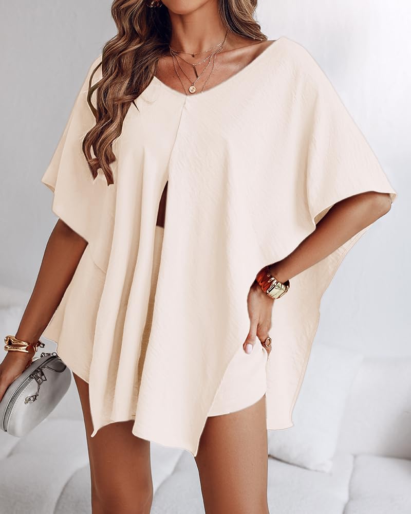 CHICME Women's 3 Piece Summer Outfits Off Shoulder Batwing Sleeve Tops with Bandeau and Skorts Sets Casual Vacation Outfit-Ap-S