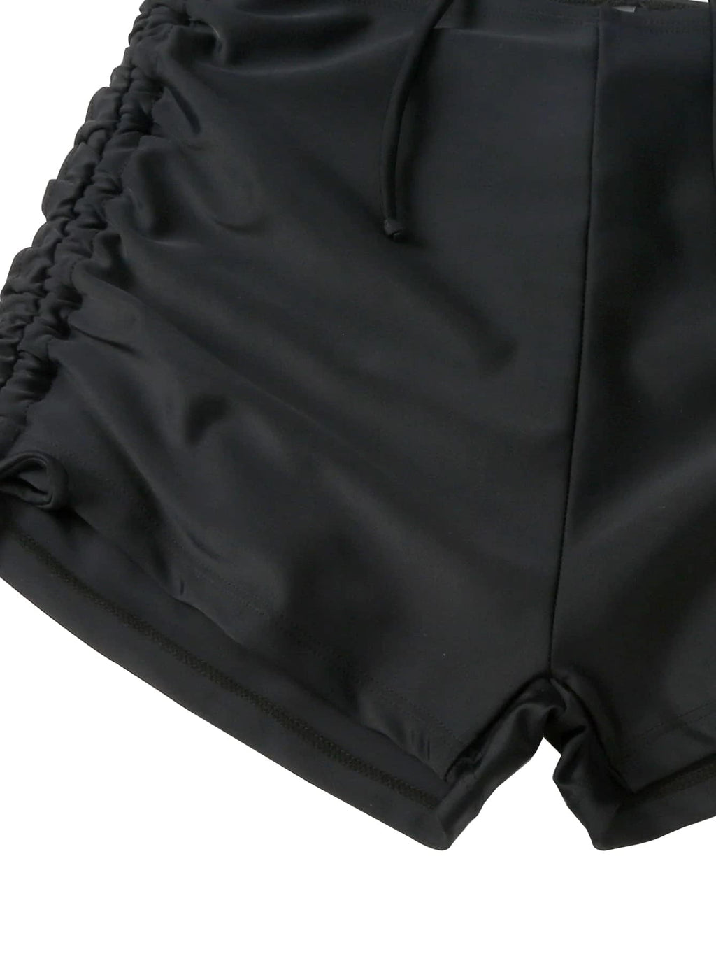 Lilosy High Waisted Tummy Control Drawstring Bikini Set Srting Swimsuit Short Sleeve Top and Tie Side Shorts 2 Piece Women Bathing Suit Black 2# Medium