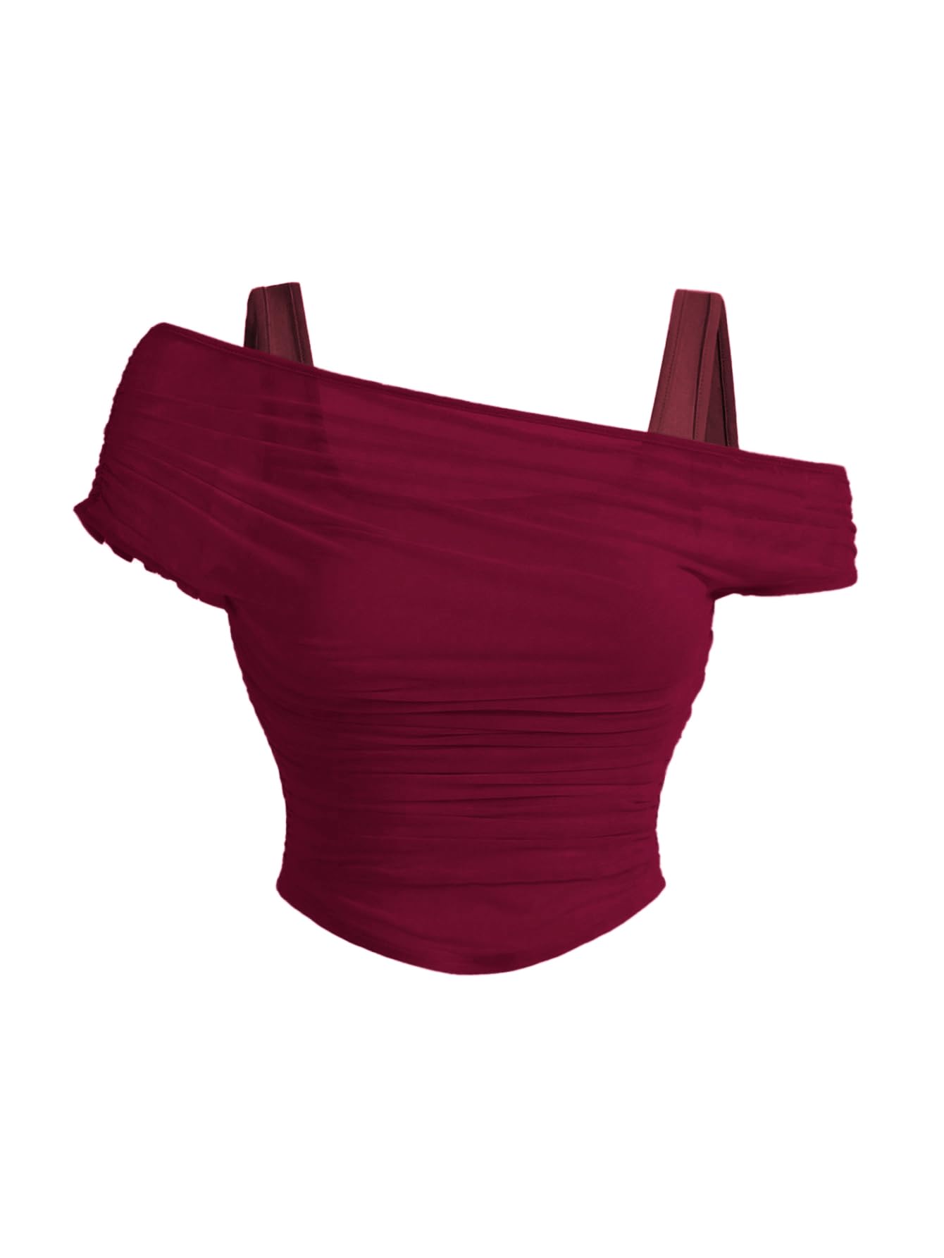 WDIRARA Women's Plus Size 2 in 1 Sheer Mesh Off Shoulder Tops Ruched Asymmetrical Short Sleeve Tee Shirt Red XX-Large Plus