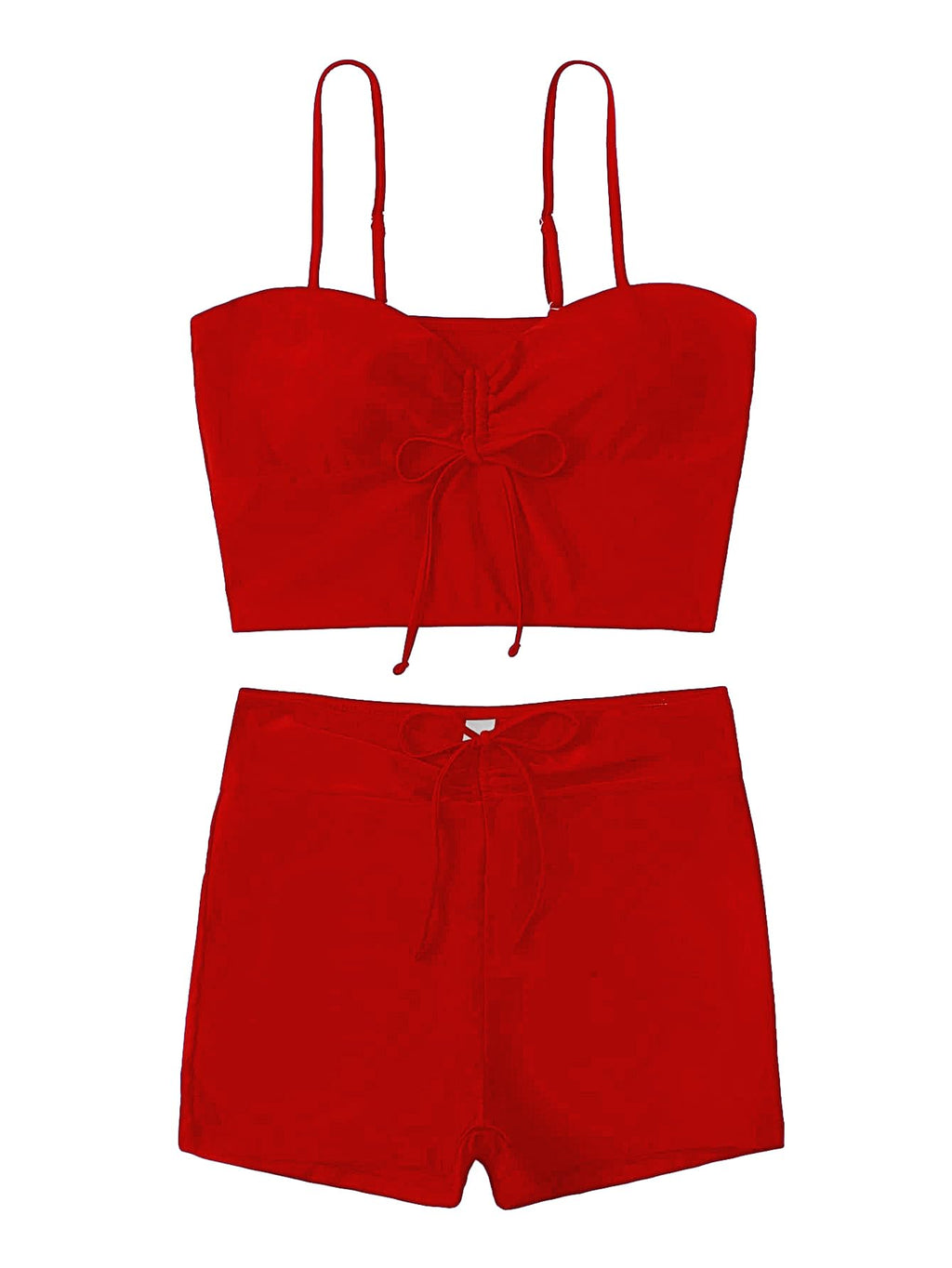 Lilosy High Waisted Tummy Control Drawstring Bikini Set String Swimsuit Cami Top and Tie Side Shorts 2 Piece Women Bathing Suit Red #2 Small