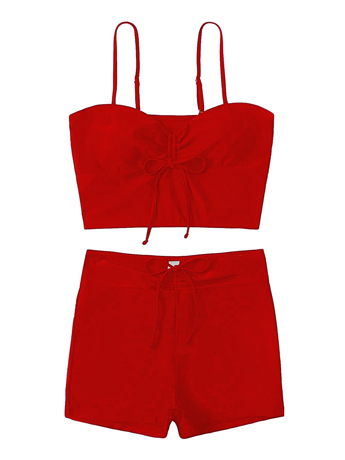 Lilosy High Waisted Tummy Control Drawstring Bikini Set String Swimsuit Cami Top and Tie Side Shorts 2 Piece Women Bathing Suit Red #2 Small