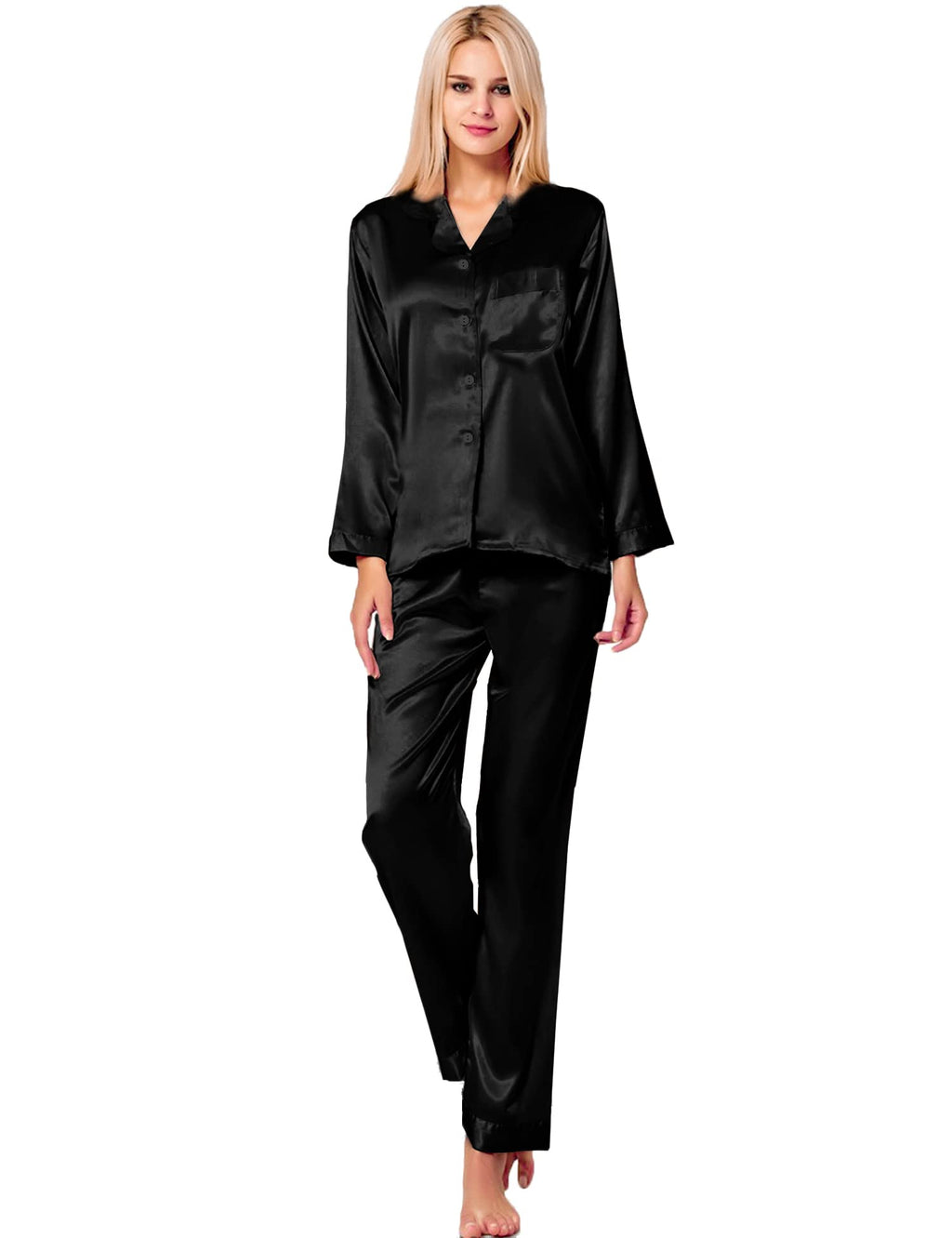 SWOMOG Long Sleeve Pajamas Set Silk Satin Sleepwear Button Down Pjs Loungewear with Pocket Black X-Large