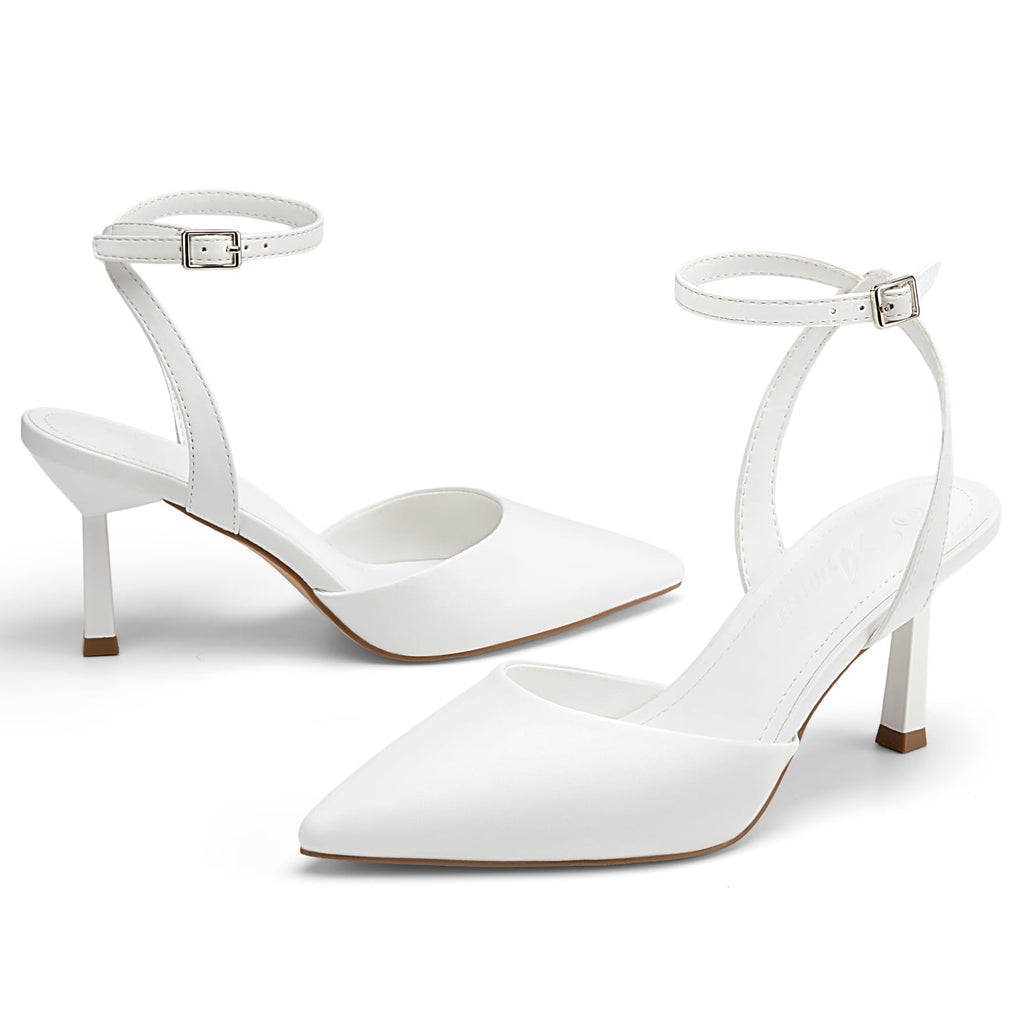 Athlefit Women's Closed Pointed Toe 3 Inch High Heels Ankle Strap Stiletto Heel Wedding Party Dress Pumps Shoes, White Size 9.5,SAPU2602W