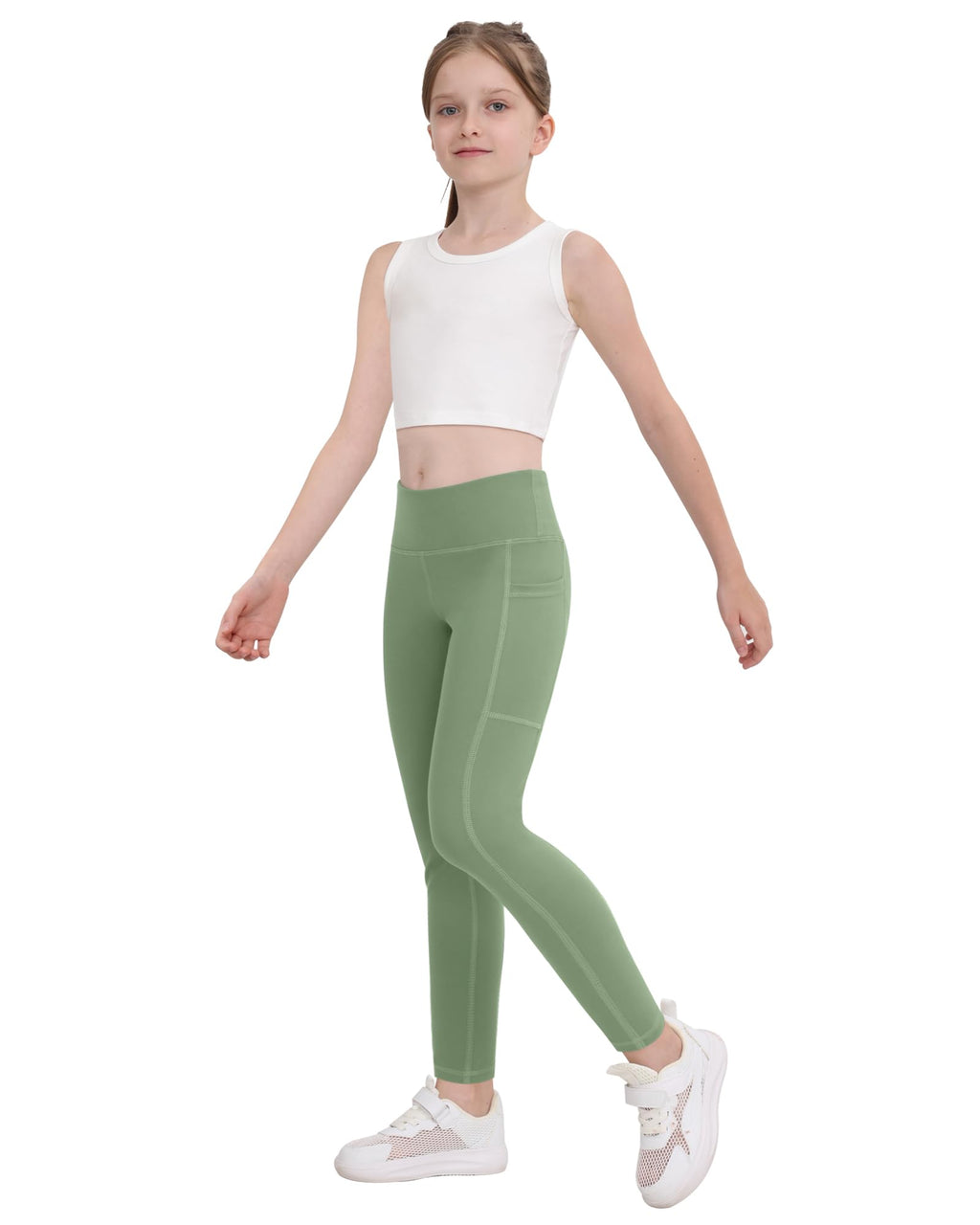 CHRLEISURE Girls' Athletic Leggings with Pockets, 5 Packs Kids Teen Dance Yoga Workout Running Pants for 8-9 Years(BlackGrayRedBlueLGreen, M)