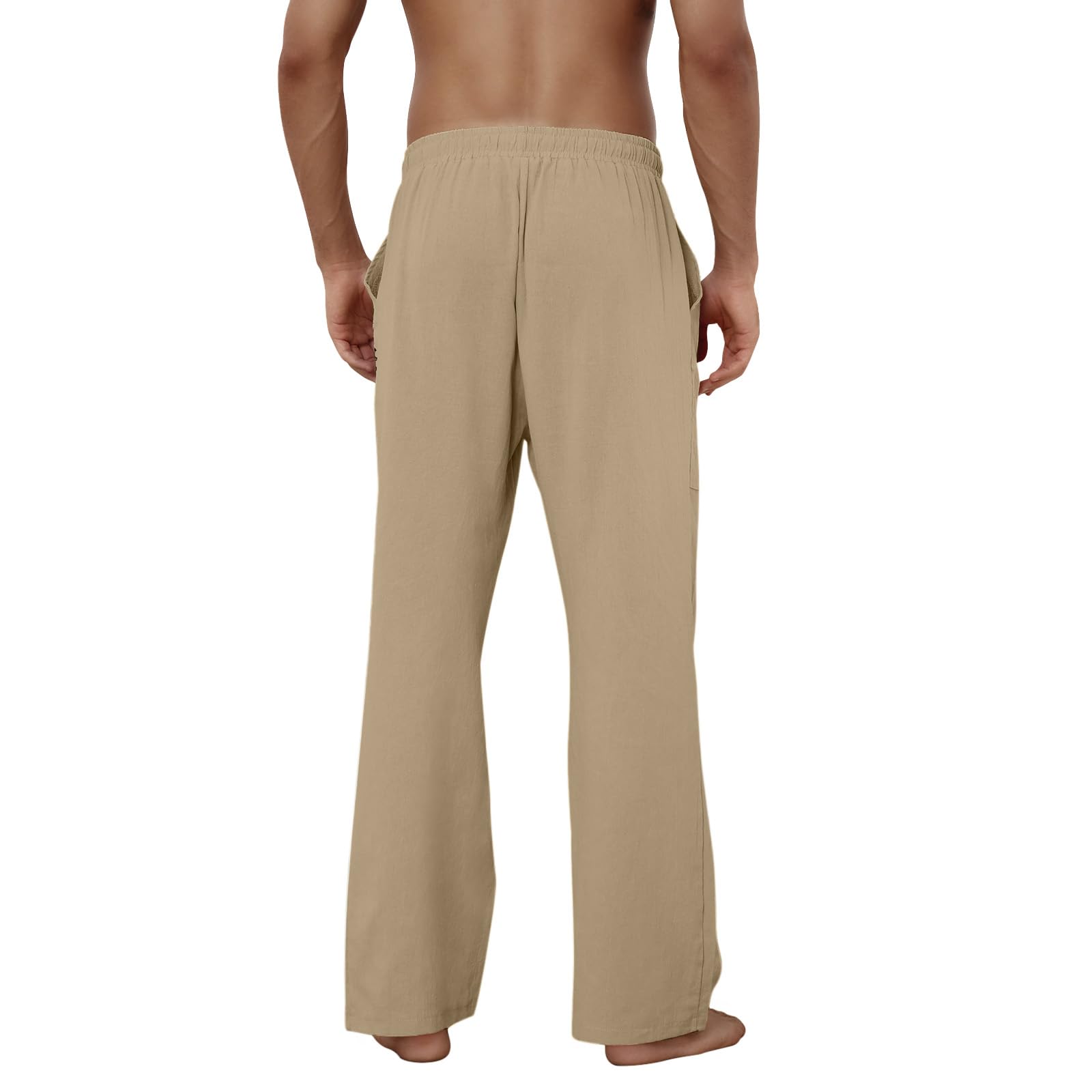 Puimentiua Cotton Linen Pants Men Casual Loose Fit Elastic Drawstring Waist Summer Beach Pants(Coffee,L)