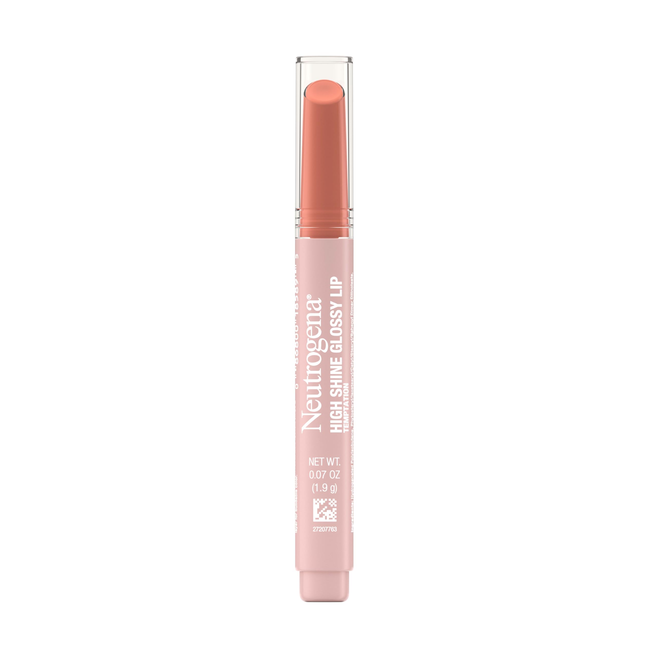 Neutrogena High Shine Glossy Lip, Nourishing Lip Gloss with Maracuja Oil, Antioxidant Vitamin E & Vitamins, Non-Retractable, Buildable Pigmented Color, Temptation, 0.07 oz