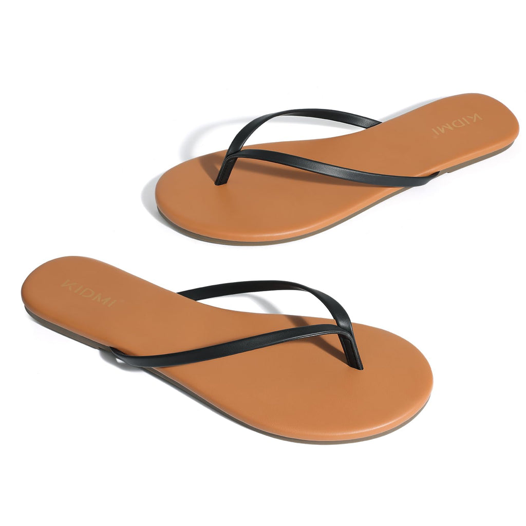 KIDMI Thong Flip Flops for Women - Memory Foam Summer Beach Sandals for Women - Vegan Leather Flat Sandals, Brown/Black EU 36