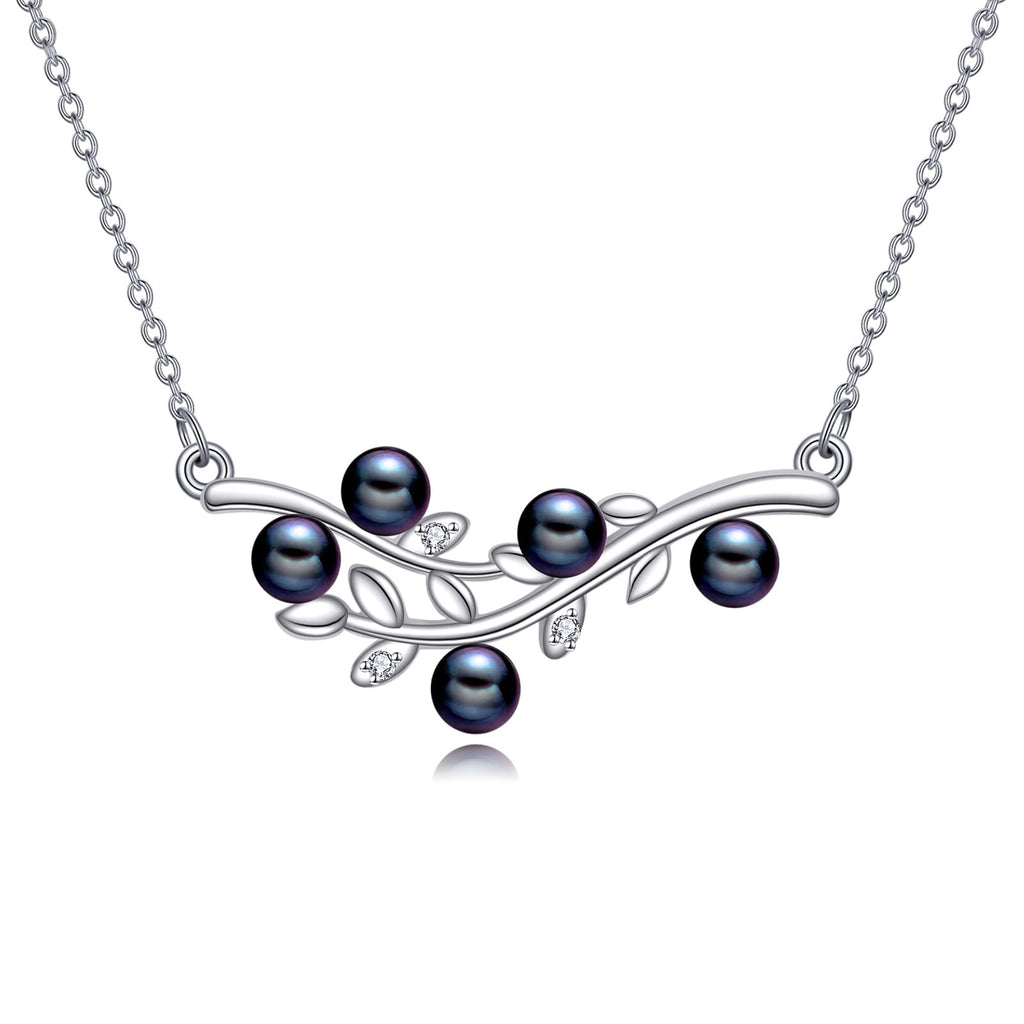 4mm Tahitian Black Pearl Necklace, 925 Sterling Silver Leaf Art Deco Jewelry With Lab Created Diamonds, Mother's Day Anniversary Birthday Gifts For Women Wife Mother