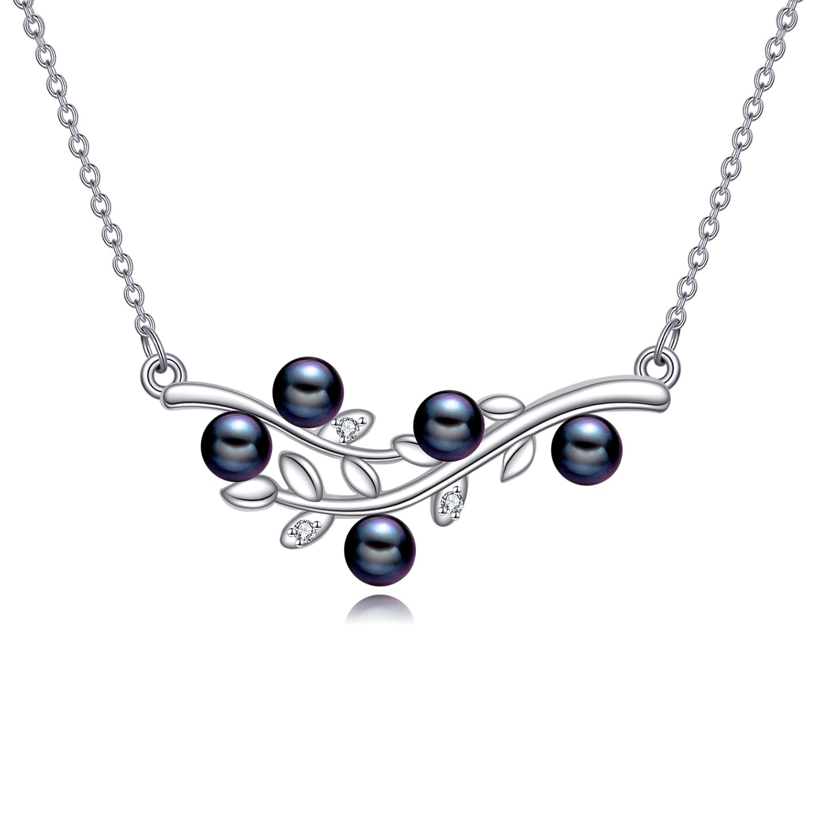 4mm Tahitian Black Pearl Necklace, 925 Sterling Silver Leaf Art Deco Jewelry With Lab Created Diamonds, Mother's Day Anniversary Birthday Gifts For Women Wife Mother