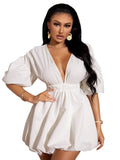 WDIRARA Women's Deep V Neck Puff Sleeve High Rise Flare Dress Elastic Waist Dress White Large