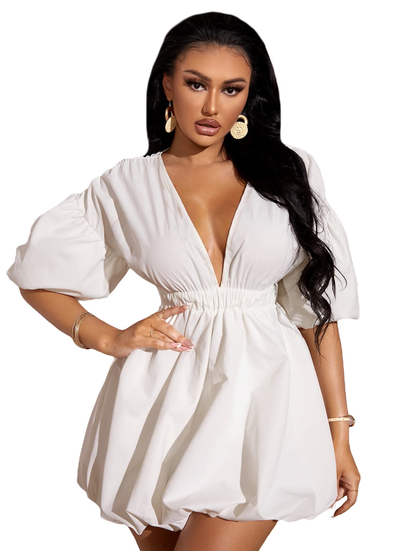 WDIRARA Women's Deep V Neck Puff Sleeve High Rise Flare Dress Elastic Waist Dress White Large