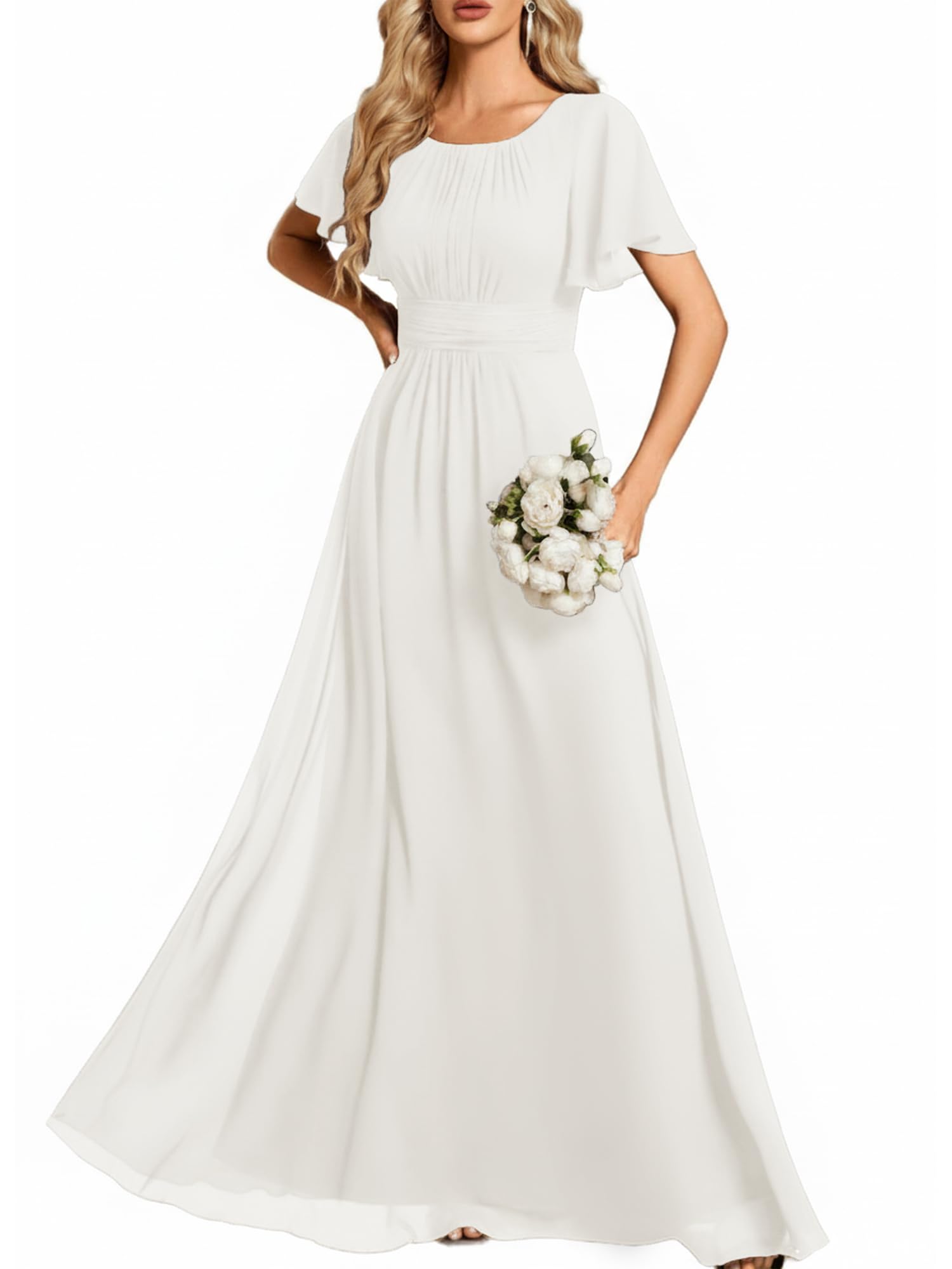 Ever-Pretty Women's Spring Elegant Round Neck Short Sleeve Chiffon Empire Waist Floor Length Formal Dresses Bridesmaid Dress White US14