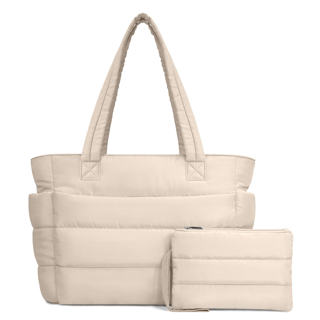 TOPDesign Puffer Tote Bag for Women, Lightweight Puffy Handbag with Compartments & Cosmetic Bag, Quilted Shoulder Bags for Work, Travel, Gym, Gifting (L Beige)