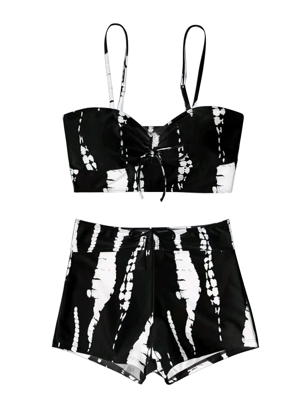 Lilosy High Waisted Tummy Control Drawstring Bikini Set String Swimsuit Cami Top and Tie Side Shorts 2 Piece Women Bathing Suit Black White Small