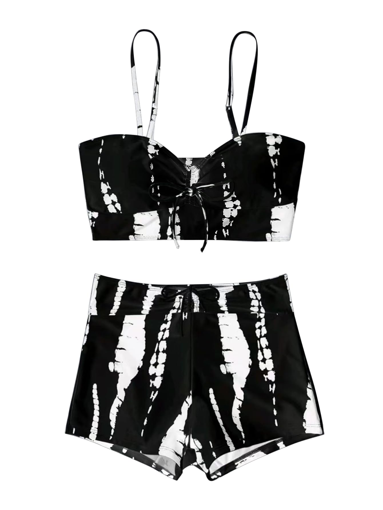Lilosy High Waisted Tummy Control Drawstring Bikini Set String Swimsuit Cami Top and Tie Side Shorts 2 Piece Women Bathing Suit Black White Small