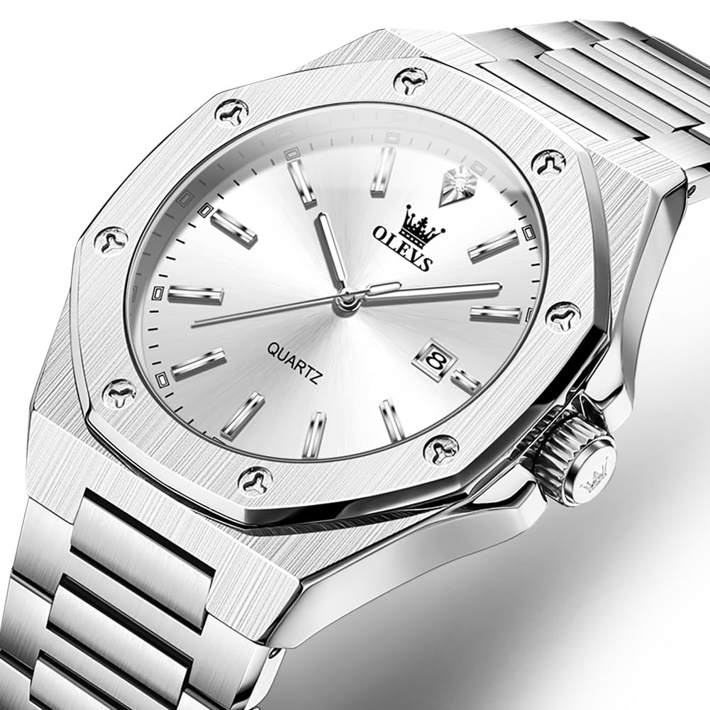 OLEVS Watch Men Luxury Silver Stainless Steel Dress Wrist Analog Quartz Waterproof Watches for Men Fashion Luminous Nice Large Face Minimalist Mens Watches Relojes para Hombres