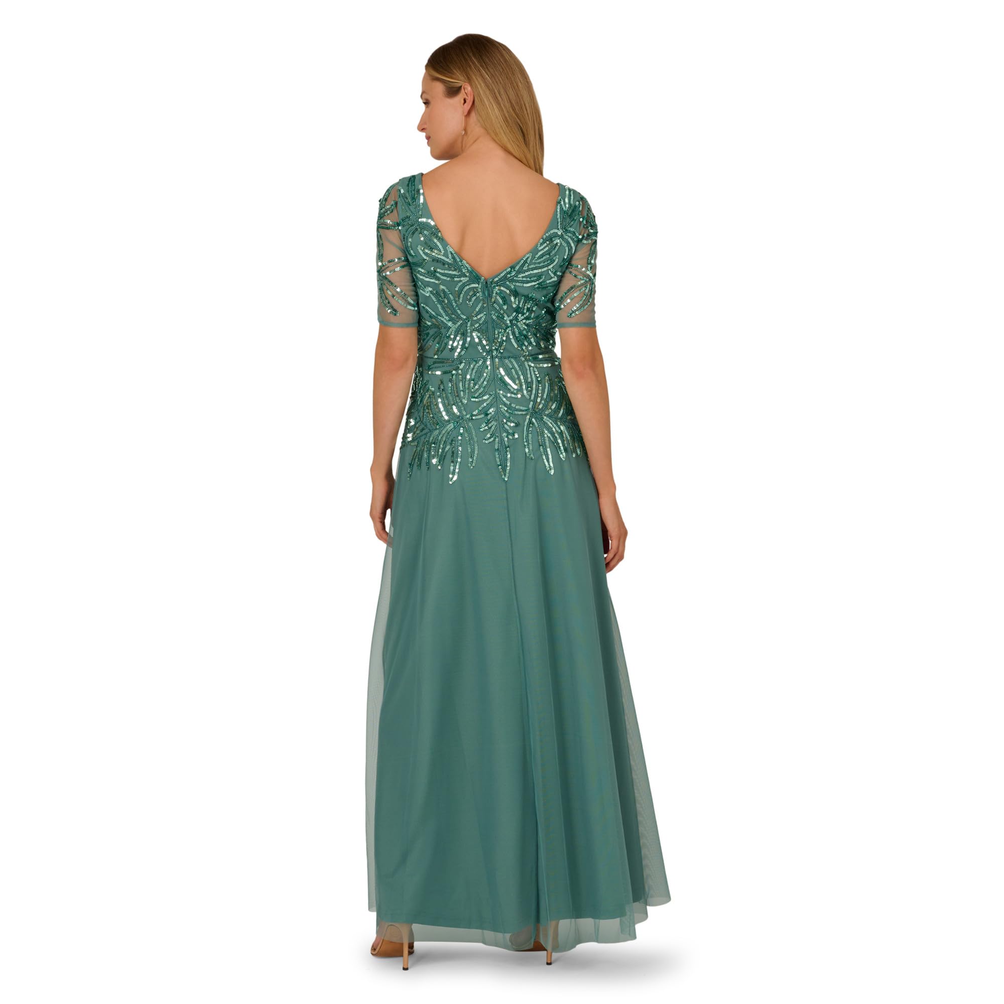 Adrianna Papell Beaded Mesh Long Dress, Green Slate, 4