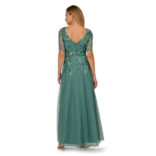 Adrianna Papell Beaded Mesh Long Dress, Green Slate, 4