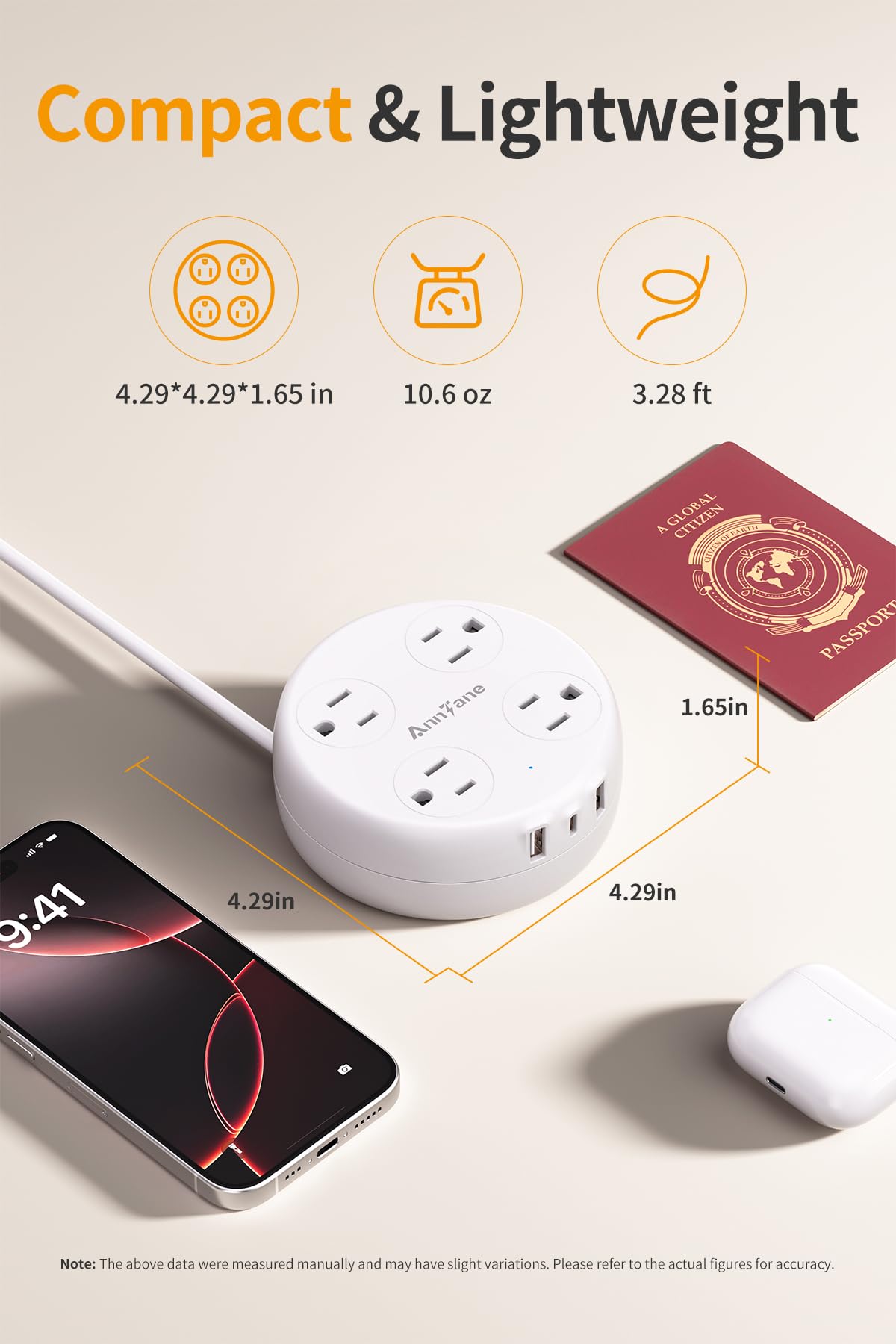 European Travel Plug Adapter - Retractable Power Strip with 4 AC Outlets & 3 USB Ports (USB-C), Type C Adapter for US to Most of Europe Iceland Spain Italy France Germany and More (White)