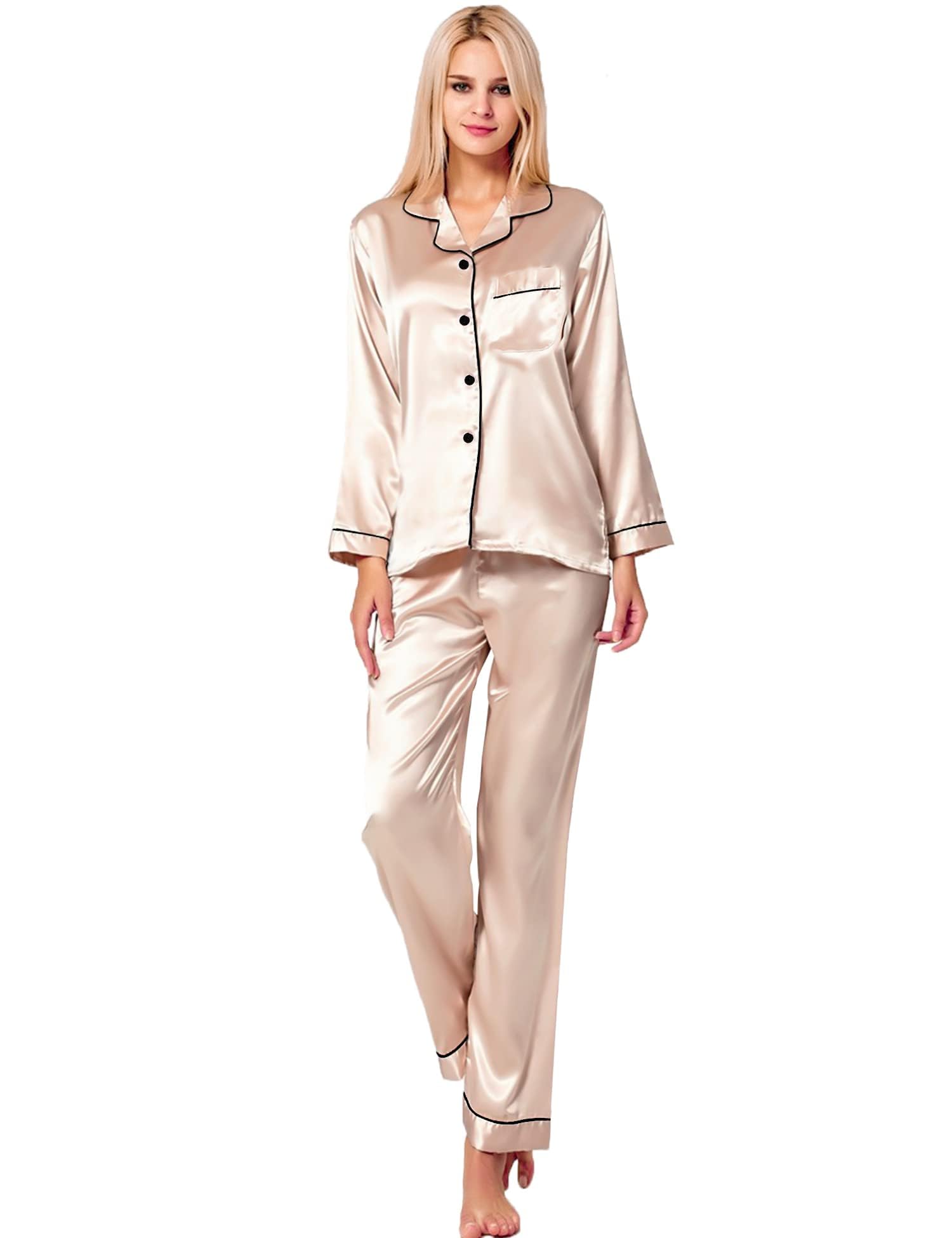 SWOMOG Womens Silk Satin Pajamas Long Sleeve Loungewear Two-piece Sleepwear Button-Down Pj Set Champagne