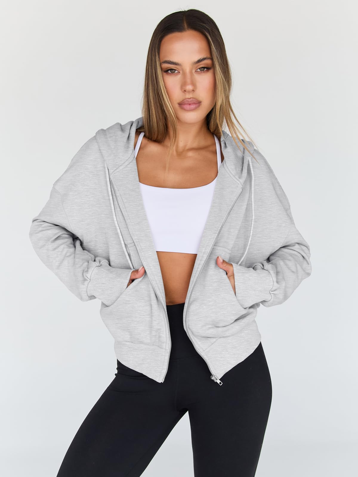 Trendy Queen Hoodies for Women Full Zip Up Cropped Sweatshirts Jackets Casual Comfy Gym Tops Fall Outfits Winter Clothes 2026 Cute Y2k Fleece Sweaters Teen Girls Pullover Grey M