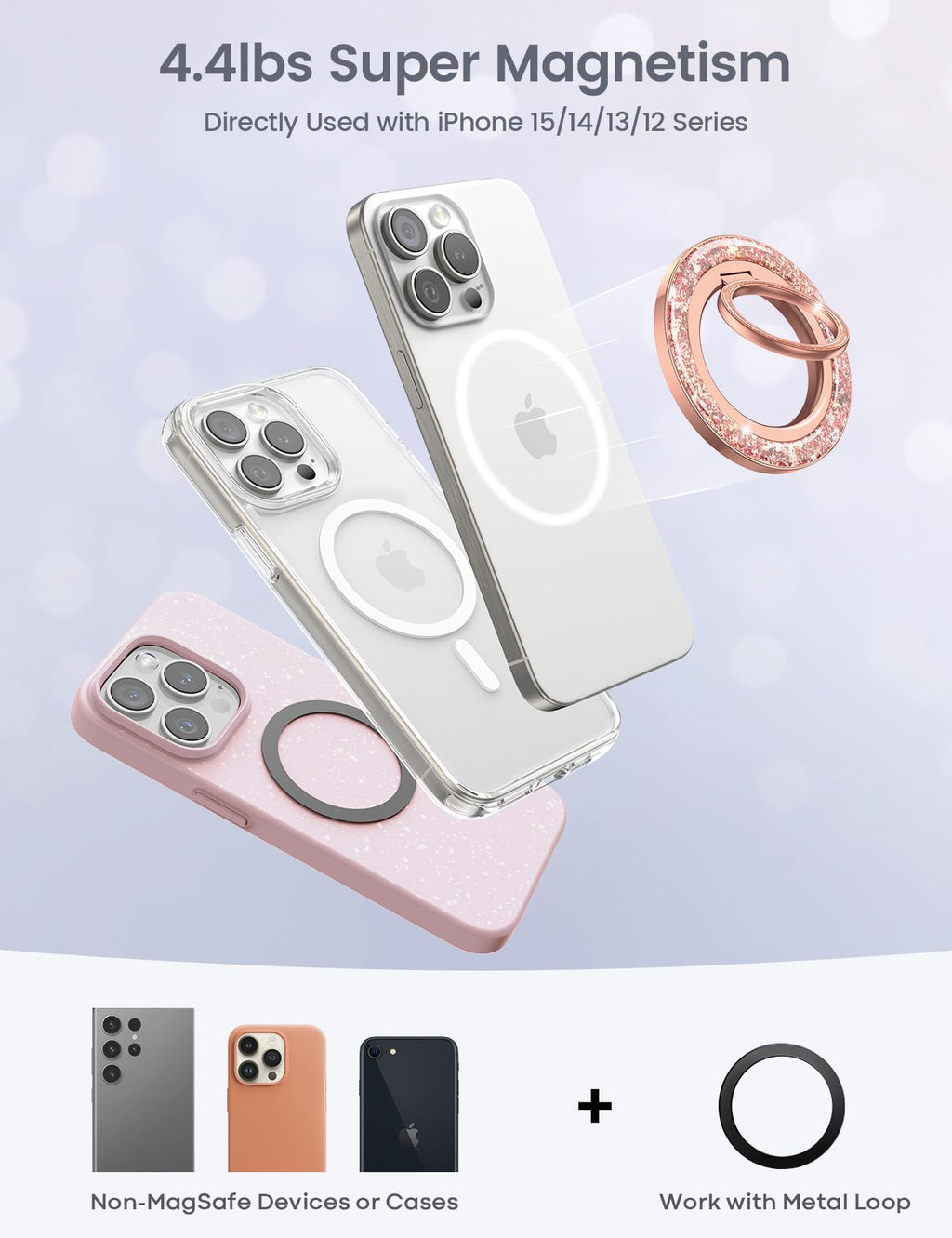 Lamicall Magnetic Twinkle Ring for MagSafe Grip - Stylish Glitter Gift for Women Grils, Magnet Phone Ring Finger Holder Stand, Gear Hinge Mag Safe Accessories for iPhone 17 16 Pro Max, Rose Gold