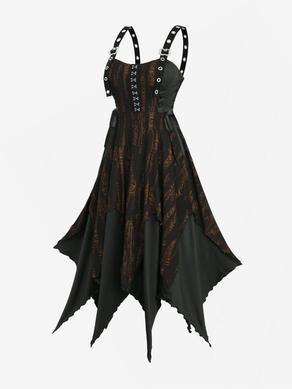 ROSE GAL Plus Size Women Goth Punk Ripped Handkerchief Dress Layered Hook-and-Eye Lace-up Buckles Grommet Midi Grunge Gothic Halloween Costume Dress(Black_1/L)