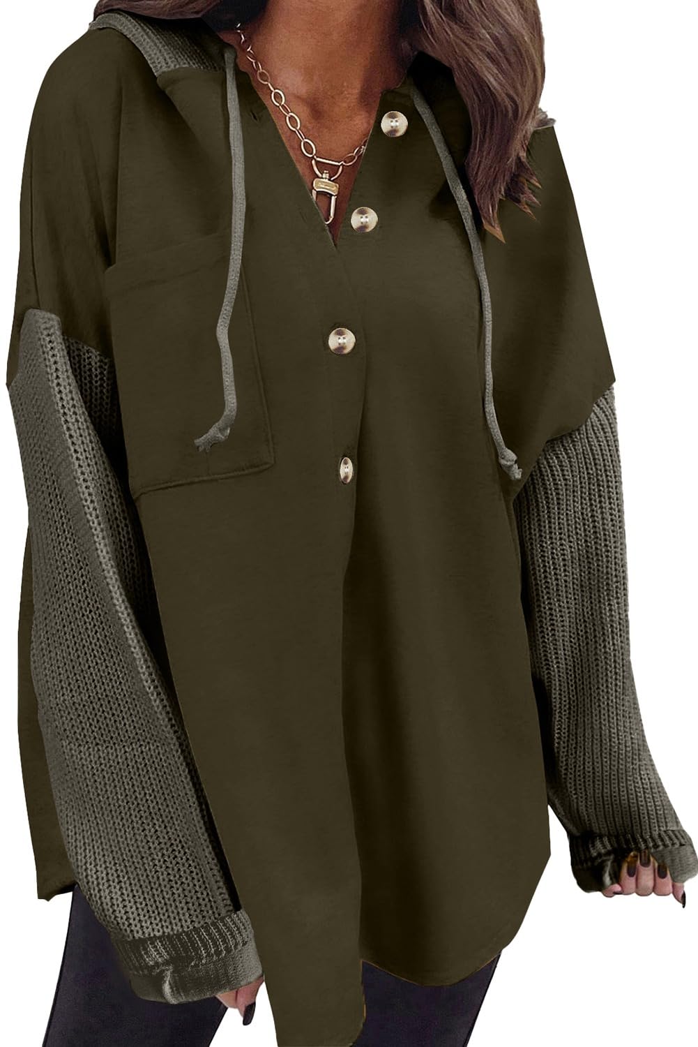 SHEWIN Women Oversized Hooded Sweatshirt Button Hoodies, Green, Size S