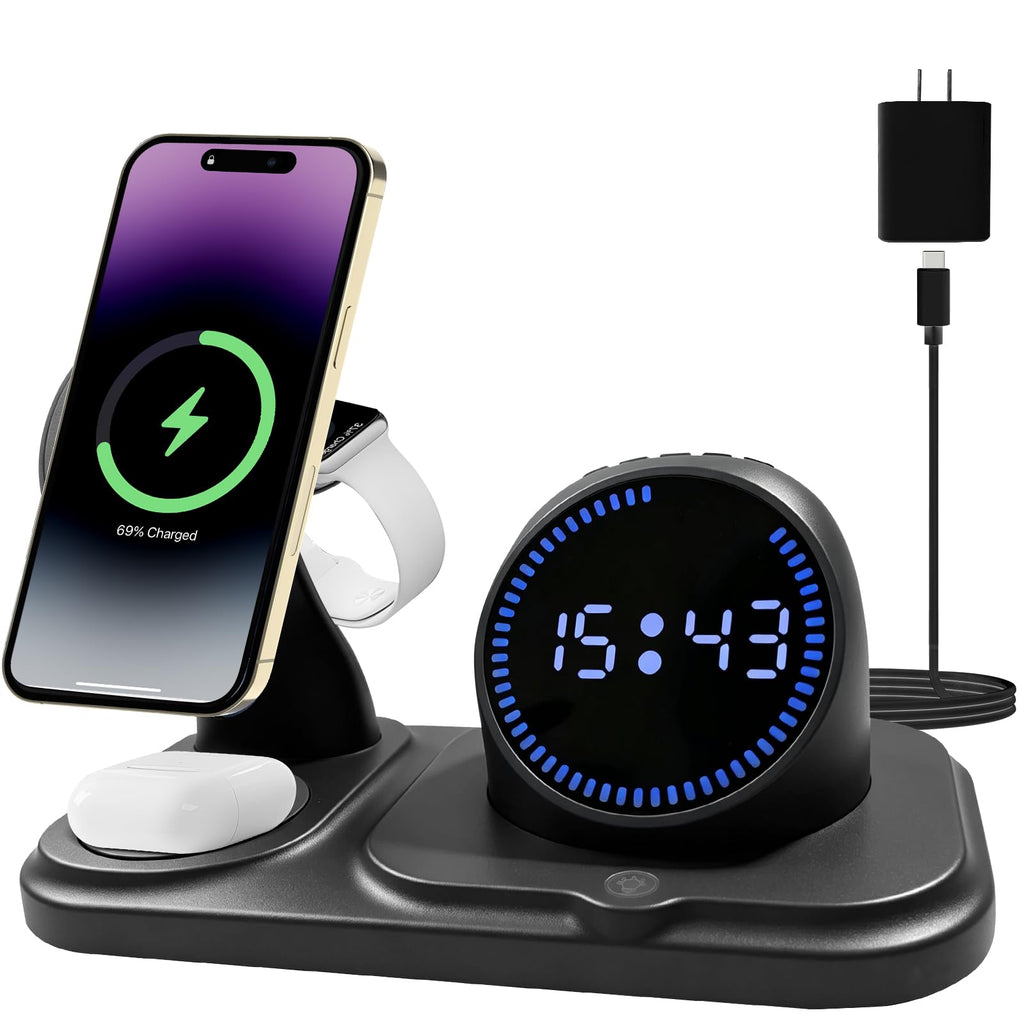 6-in-1 Wireless Charging Station with Bluetooth Speaker,Digital Clock and Ambient Lights,Fast Wireless Charger for Multiple Devices for Apple - iPhone 17 16 15 14 13 12 Pro Max Apple Watch Airpods