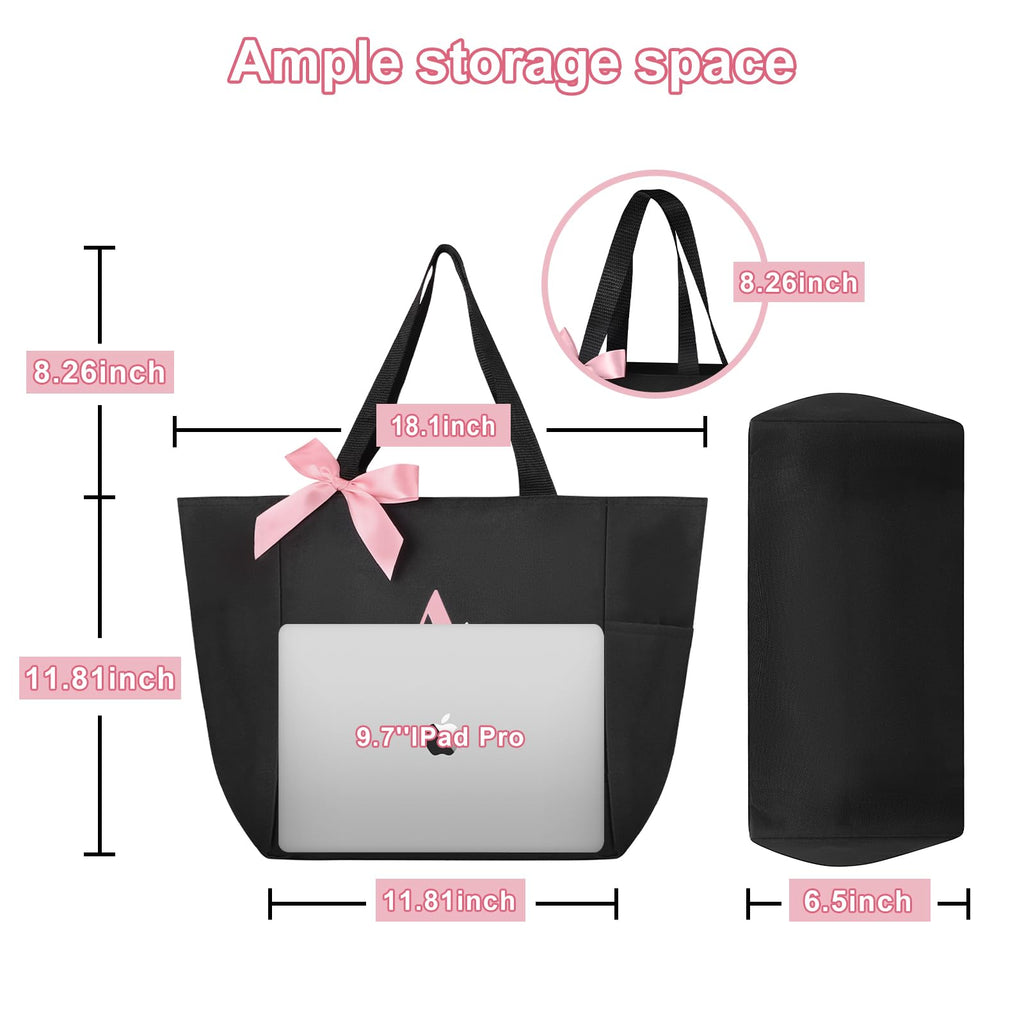 Vavabox Tote Bag, A-Z Initial Monogrammed Waterproof Tote Bag, Bridesmaid Gifts for Women, Black and Pink (S, Black)