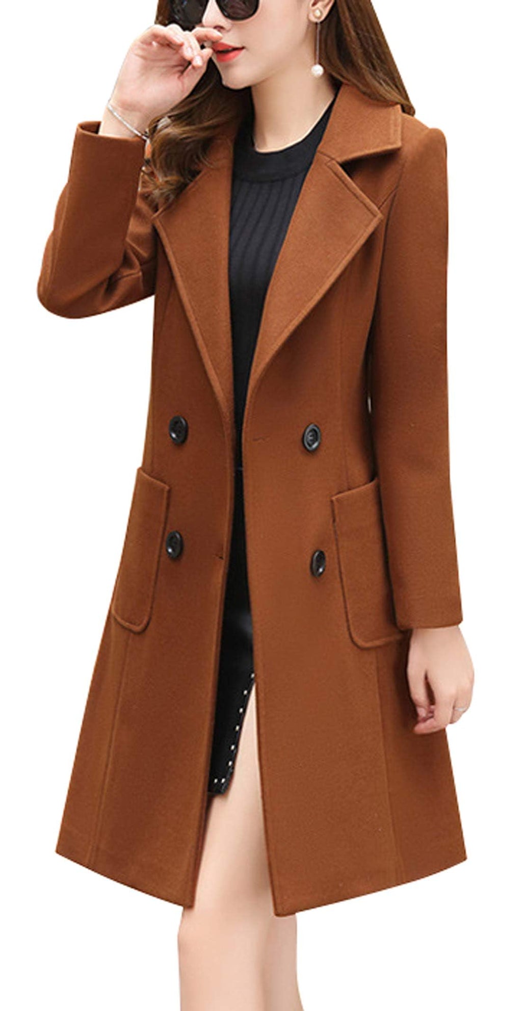 chouyatou Women Elegant Notched Collar Double Breasted Wool Blend Over Coat (Medium, Brown)