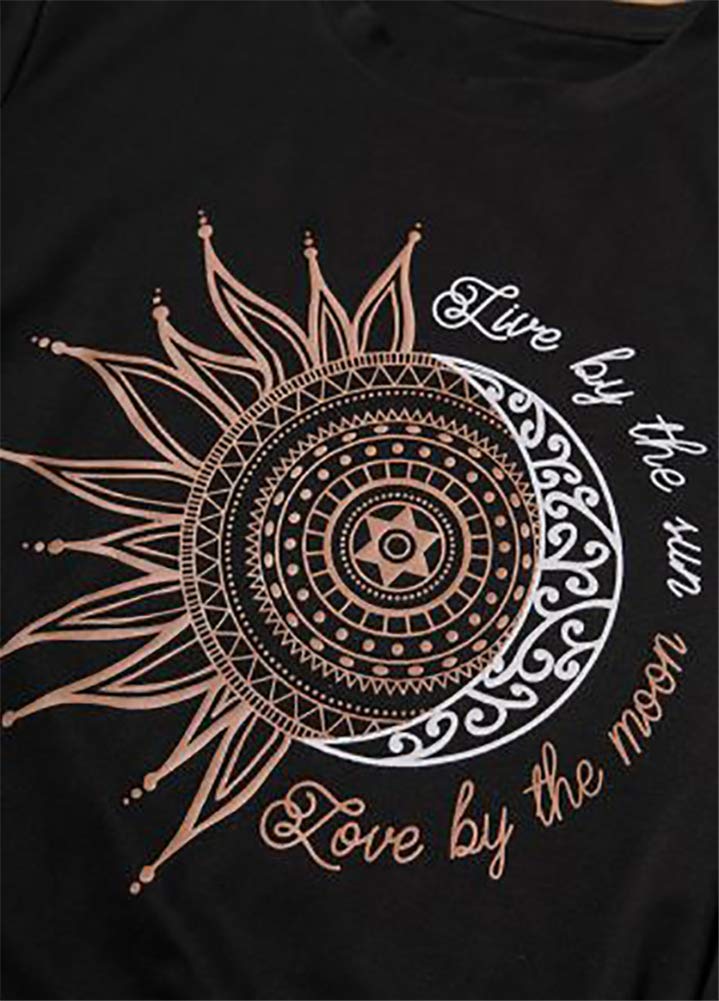 MaQiYa Womens Graphic Tees Summer Short Sleeve Cotton Moon and Sun Printed T Shirts Tops (Large,Black)
