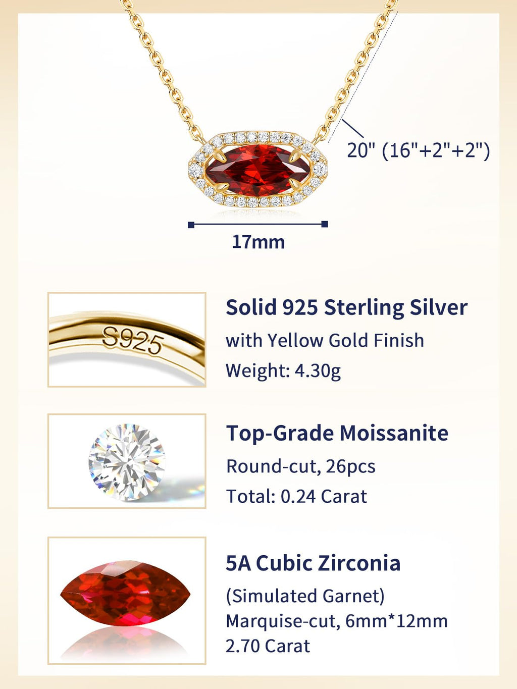 CYW Red Stone Marquise Garnet Gold Moissanite Necklace for Women 925 Sterling Silver