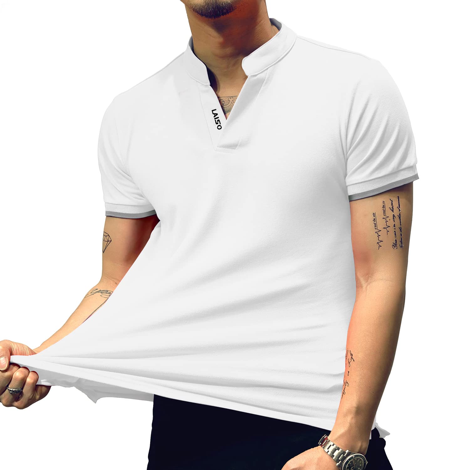 LOGEEYAR Mens Fashion Polo Henley Shirts Short/Long Sleeve Casual T-Shirts Slim Fit Cotton Polo Shirts for Men White