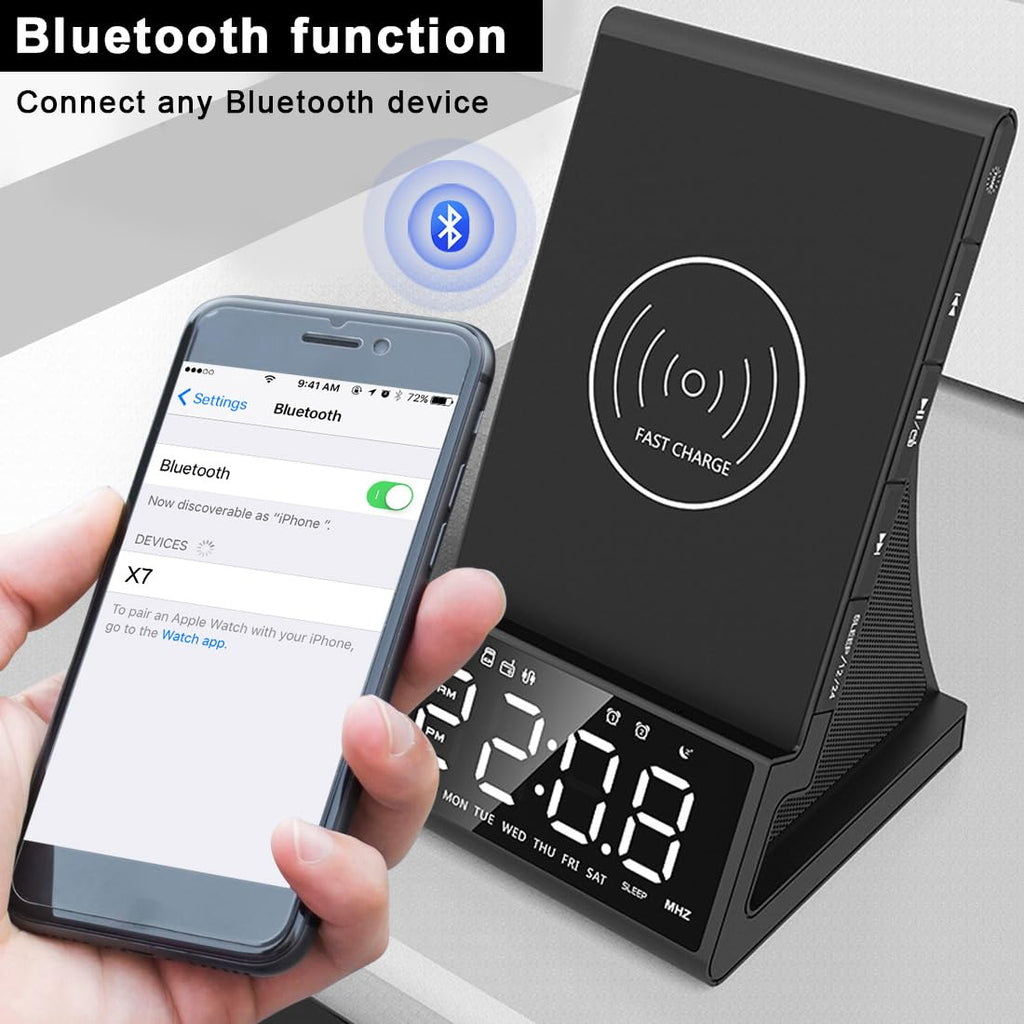 dpnao 8-in-1 Wireless Charging Station with Bluetooth Speaker, Alarm Clock,FM Radio,Remote Control,Fast Charging Dock Compatible with iPhone 17/16/15/14, Samsung S25/S24,Android Phones