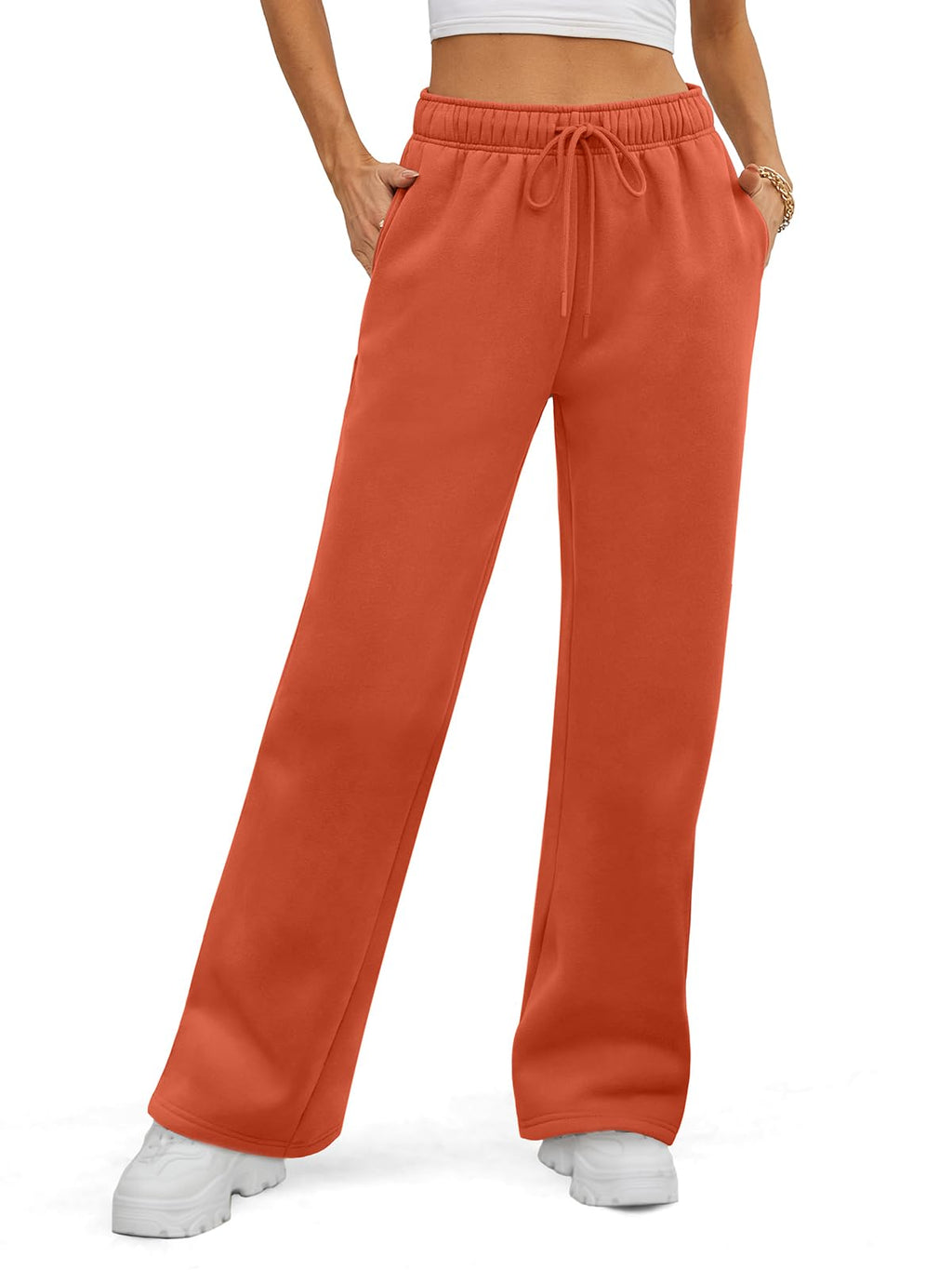 ATHMILE Women 2026 Fall Fleece Lined Sweatpants Petite Baggy Open Bottom Halloween Pants Drawstring Casual Aesthetic Clothes Orange